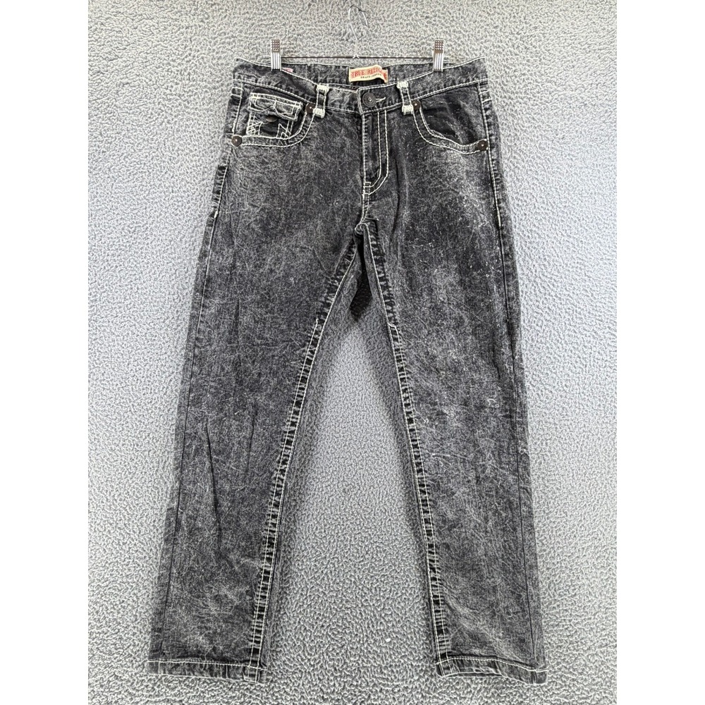 True Religion Men Acid Wash Black Jeans Thick White Stitching Straight Leg 34x30